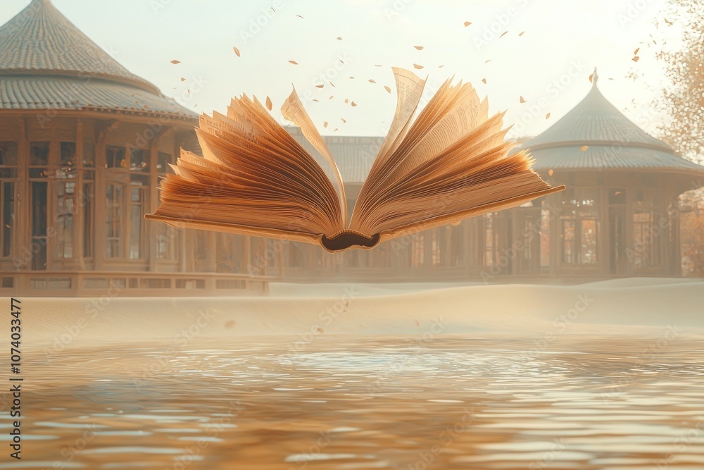 Poster open book floating over rippling water with falling leaves