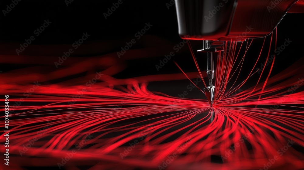 Poster a metallic needle piercing through red threads on a black background