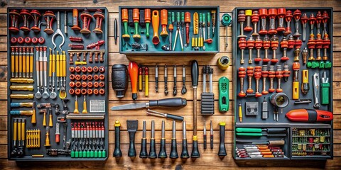 Aerial View of Screwdriver and Removable Bits Arrangement on a Workbench Surrounded by Tools and Accessories for DIY Projects