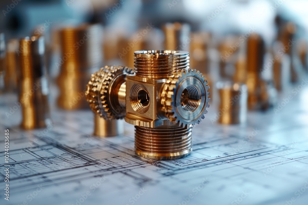 Poster brass connector with gears on engineering blueprint
