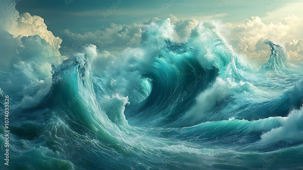 Poster Mesmerizing abstract ocean waves in aqua and teal fluid texture for background digital art