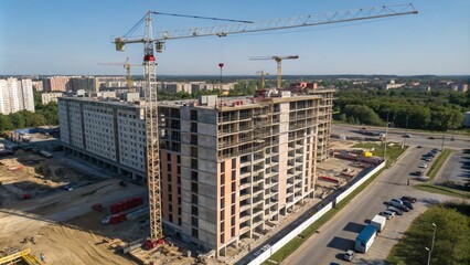 Naklejka premium Aerial View of the Construction Process of a Modern Multistorey Apartment Building with Cranes and Workers on Site, Showcasing Urban Development and Architectural Progress