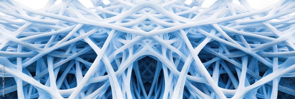 Poster the design features intricate blue and white network lines forming a mesmerizing 3d pattern, suggest