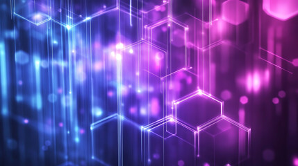 Purple and blue background with glowing hexagons and stripes, glowing lines, dark purple and light magenta gradients, dark purple background