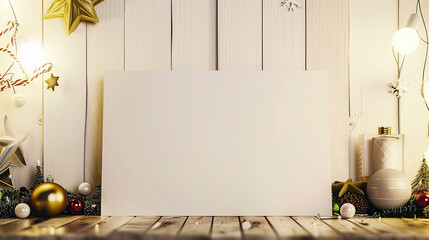 Holiday Greeting Card Mockup. A blank holiday card placed on a wooden surface with festive decor around, ideal for designers