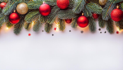 Illustrated mockup, Christmas theme border, with free space for text. White plane background, fir tree branches on the upper side, red christmas balls.