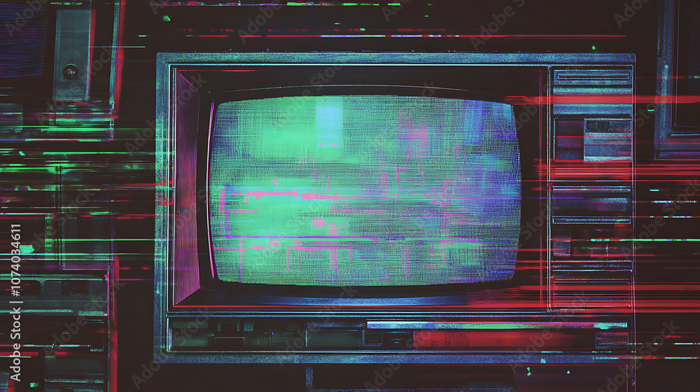 Poster Retro vhs scanlines and tv static noise overlay pattern pixel glitch texture dystopian backdrop