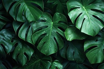 Lush Green Monstera Leaves with Water Droplets