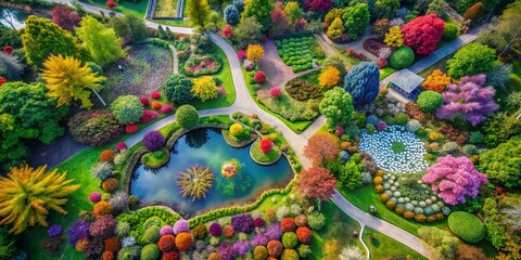 Fototapeta premium Aerial View of Vibrant Watercolor Botanical Prints in a Serene Garden Setting, Showcasing Nature's Beauty and Artistic Flair through Drone Photography Techniques