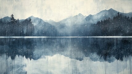 A serene landscape painting depicting a misty mountain range reflected in a still lake, with a light snowfall.