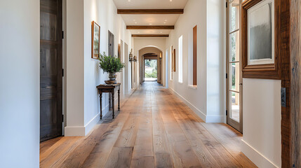 Warm rustic corridor design with natural wood floors and white walls home interior photography