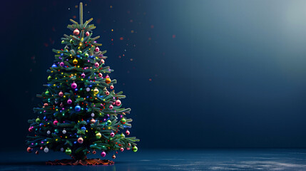 Christmas tree adorned with colorful decorations stands against a dark blue background, accented by the soft glow of bokeh lights. This image could serve as a banner design. Copy space available