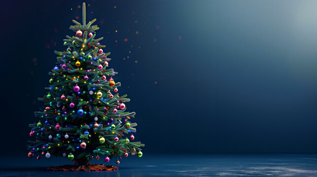 Christmas tree adorned with colorful decorations stands against a dark blue background, accented by the soft glow of bokeh lights. This image could serve as a banner design. Copy space available