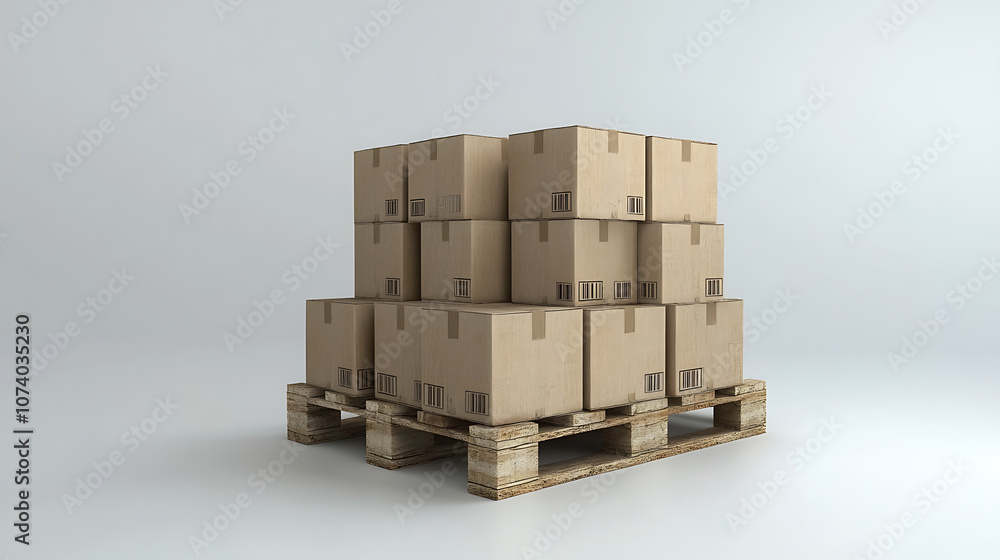 Poster Neat stack of cardboard boxes on wooden pallets isolated on white background 3d illustration