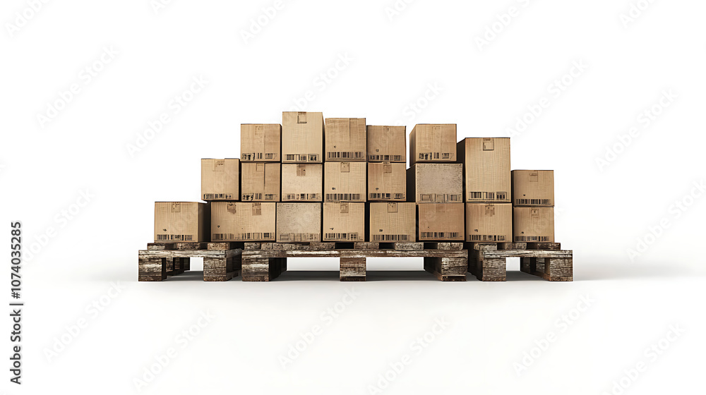 Poster Neat stack of cardboard boxes on wooden pallets isolated on white background 3d illustration
