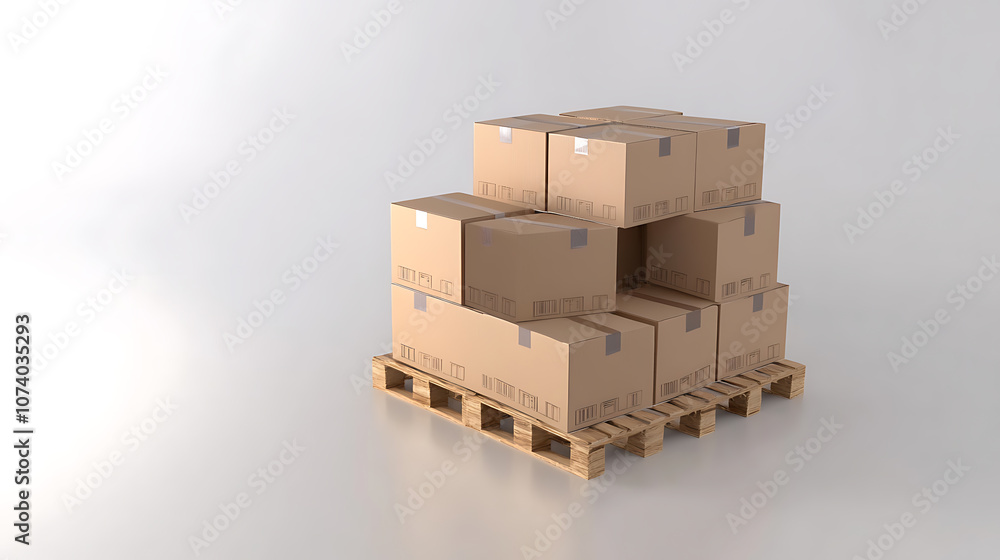 Poster Neat stack of cardboard boxes on wooden pallets isolated on white background 3d illustration