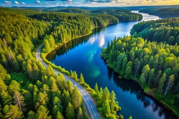 Aerial View of Winding Roads Through Vibrant Green Forests Surrounding a Serene Blue Lake in Finland's Scenic Landscape Capturing Nature's Beauty and Tranquility