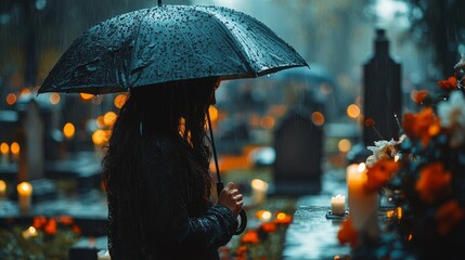 Somber Reflection in Rainy Cemetery with Umbrella