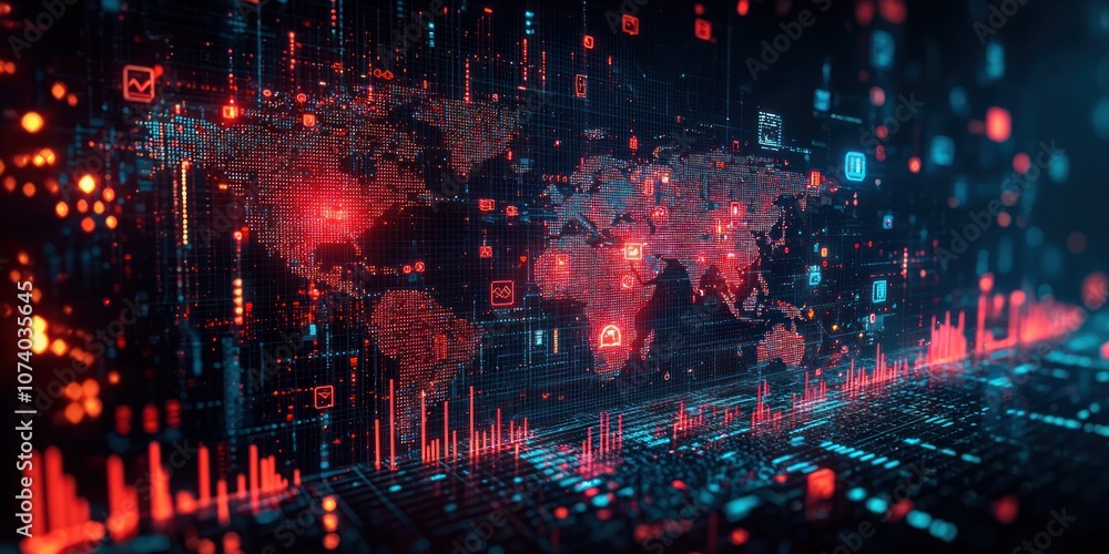 Poster world map with digital data and symbols in red and blue
