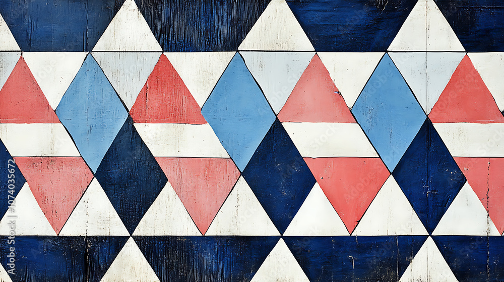 Poster blue and white pattern with red triangles, stripes and dots in a geometric style