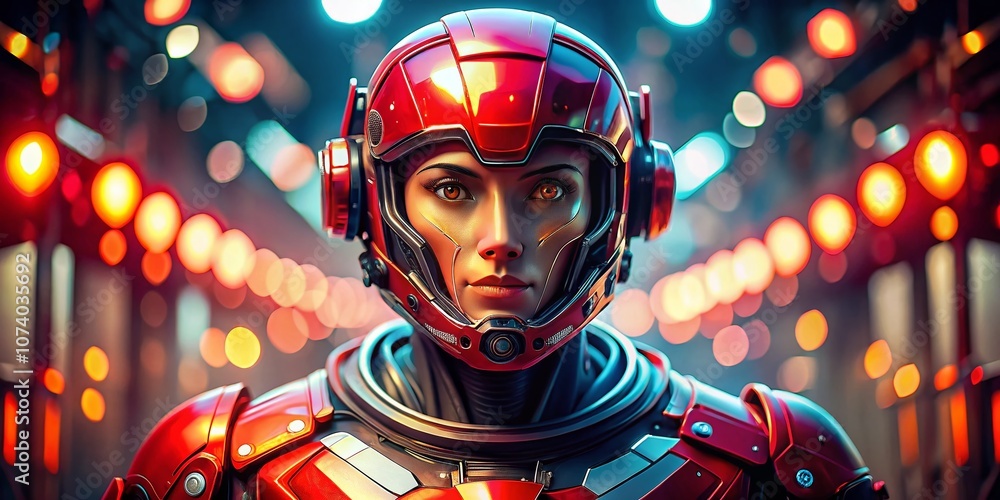 Aufkleber a futuristic robot with a bright red helmet gazing intently at a camera surrounded by a beautiful bo