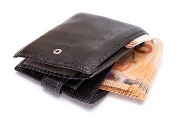 Black Leather Men Wallet with Fifty Euro Banknotes Inside - Isolated on White Background. A Purse Full of Money Symbolizing Wealth, Success and Social Status - Isolation