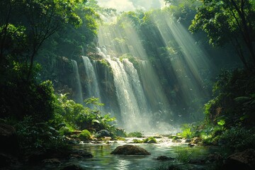 Fototapeta premium Sunbeams Illuminating a Lush Waterfall in a Tropical Forest