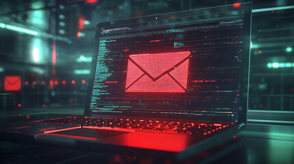 Phishing awareness laptop with red email inbox warning sign cyber security concept illustration