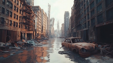 Postapocalyptic ruins abandoned city streets in the aftermath of disaster 3d rendering