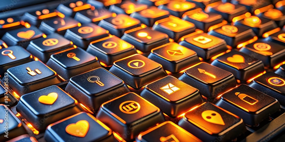 Poster a keyboard with glowing orange symbols representing popular social media platforms in a panoramic vi