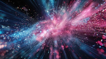 Naklejka premium Abstract colorful light streaks and particles radiating outward from a central point on a dark background.