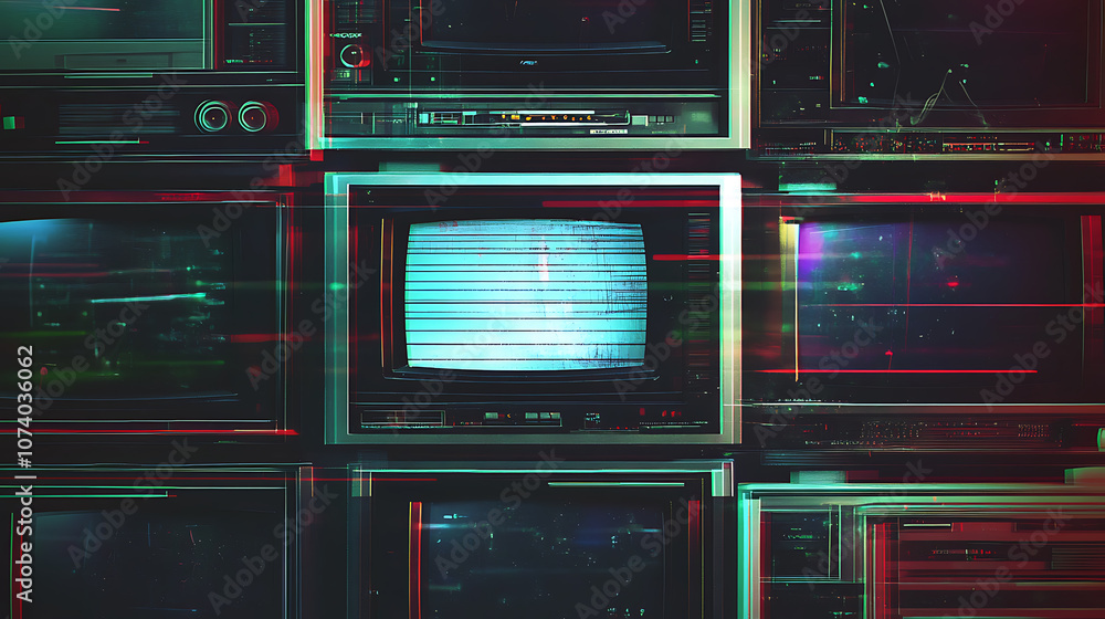 Poster retro vhs scanlines and tv static noise overlay pattern pixel glitch texture dystopian backdrop