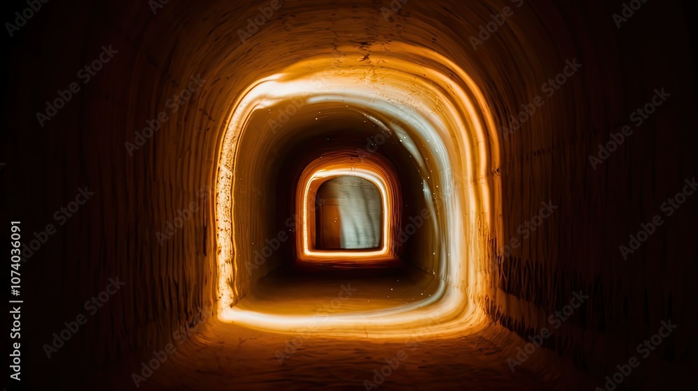 Poster the tunnel features glowing light patterns that create an enchanting atmosphere in a dark mysterious