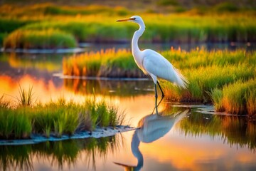 A Majestic Great Egret Standing Gracefully in a Saltmarsh at Dawn, Captured from Above by Drone Photography, Showcasing the Tranquil Beauty of Nature and Wildlife