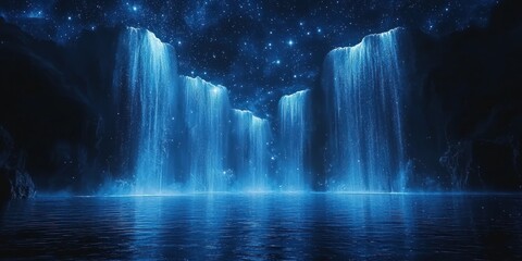 Three Blue Waterfalls Cascading into a Still Lake Under a Starry Night Sky
