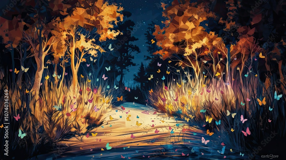 Poster a enchanting woodland path glows softly under the moonlight surrounded by trees and colorful butterf