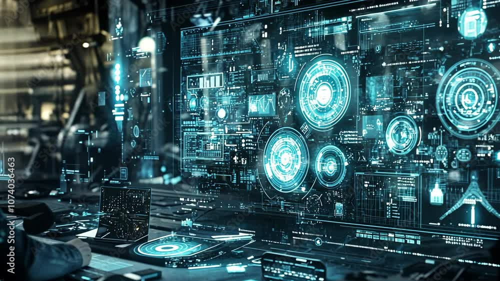 Aufkleber a futuristic interface displays complex data on a large screen in a dimly lit room, likely a control