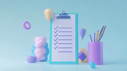 A 3D checklist icon with clean lines, a smooth matte finish, and checkmarks in green, symbolizing completed tasks and organization, designed with depth and perspective for a modern look.