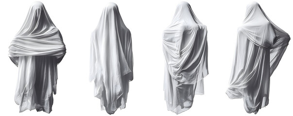 Four figures completely covered in white fabric, creating abstract shapes with a transparent background PNG