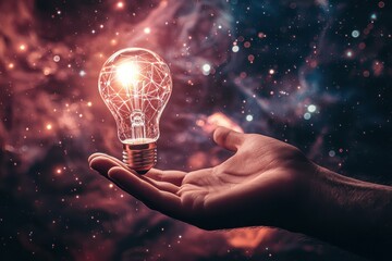 A Hand Holding a Lightbulb Against a Starry Night Sky