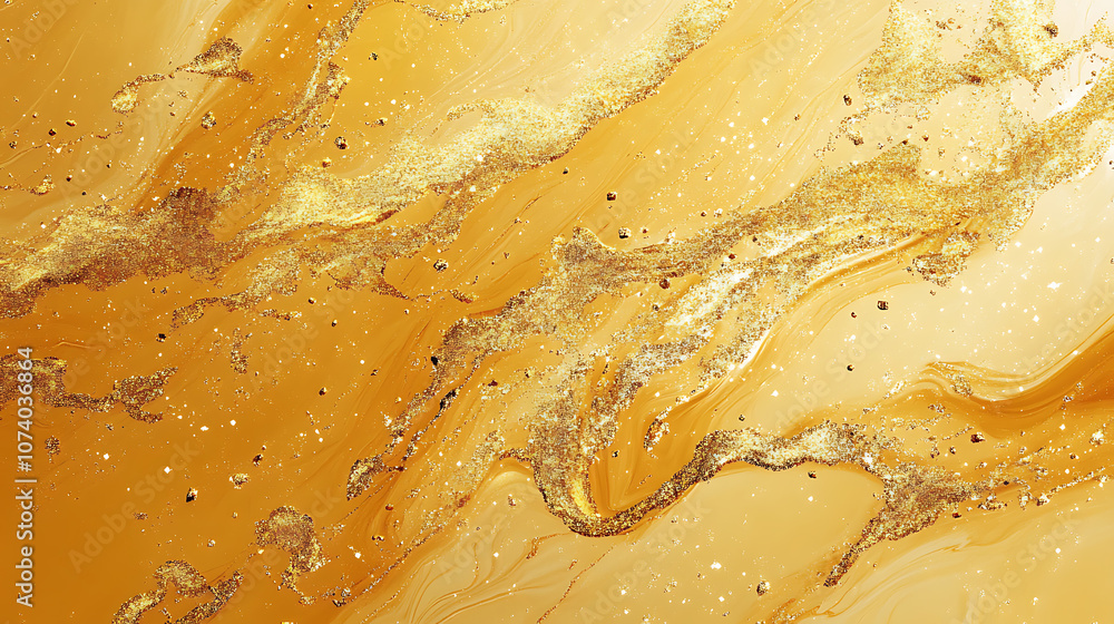 Poster shimmering gold sparkles and glitter on abstract yellow background digital art