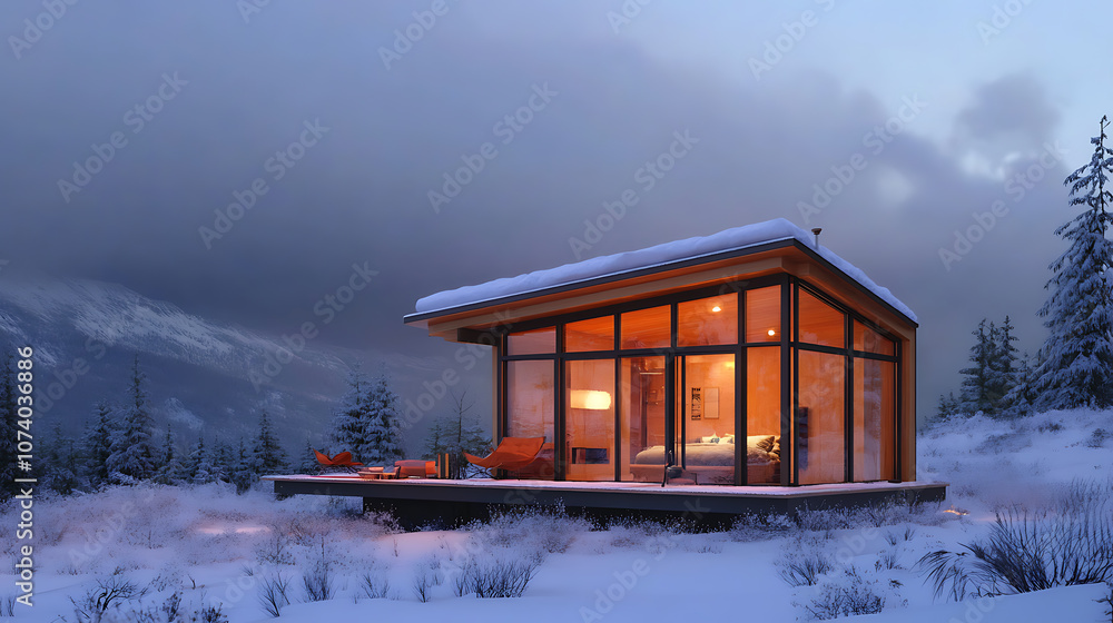 Aufkleber sleek and sustainable prefab tiny home with expansive glass walls and a cozy interior 3d rendering