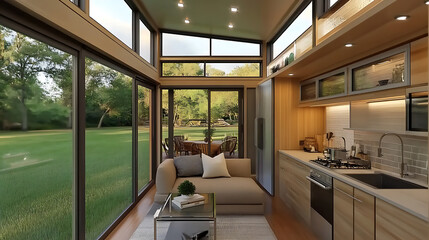 Sleek and sustainable prefab tiny home with expansive glass walls and a cozy interior 3d rendering