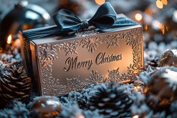 Silver Gift Box with Blue Bow and Merry Christmas Inscription on Snowy Background