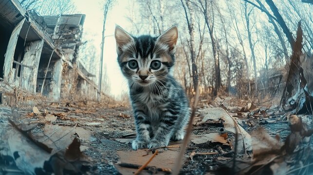 A cute baby cat exploring an eerie forest filled with dappled light and mist, surrounded by abandoned and destroyed Chernobyl buildings, captured with a glitchy, fisheye lens effect,