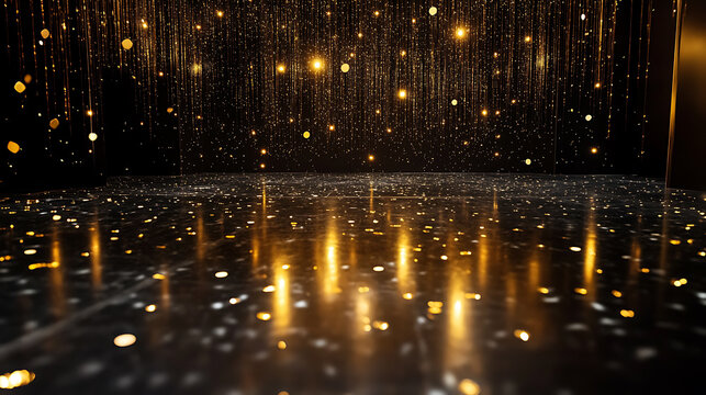 Shimmering gold confetti on black dancefloor luxurious event background