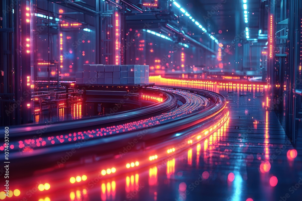 Poster Automated Conveyor Belt System with Illuminated Track and Packages