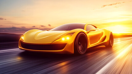 Naklejka premium Sleek yellow sports car speeding on asphalt road at sunset automotive concept illustration