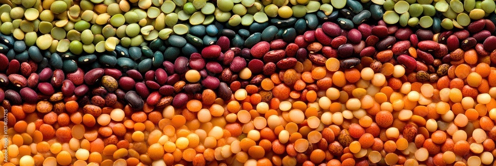 Poster brightly colored beans, lentils, and seeds create an intricate abstract pattern on a surface, showca