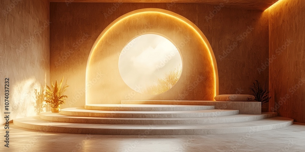 Aufkleber circular stone steps with a window view in a minimalist room